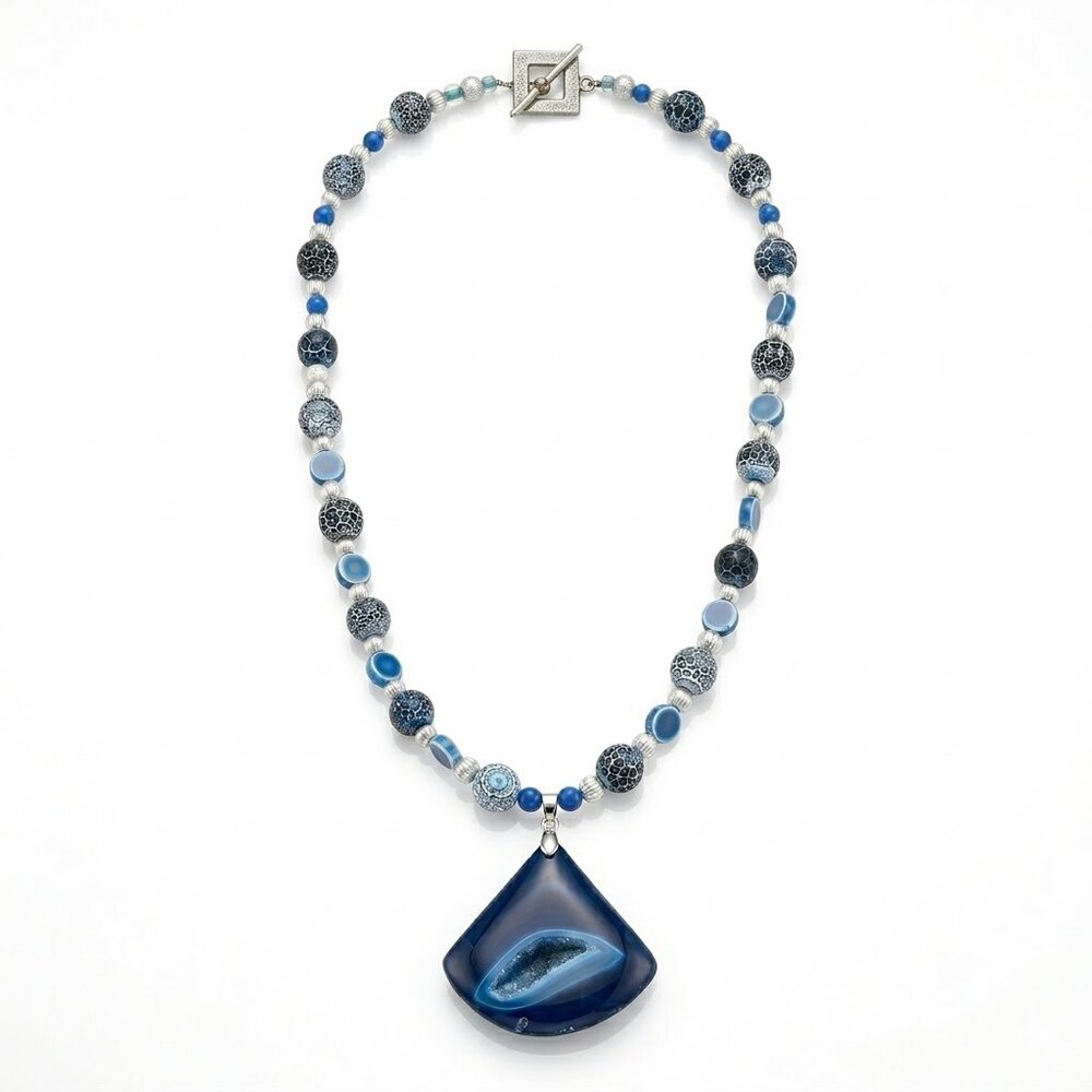 Blue Agate Geode Statement Necklace Blue & White Crackle Glass Beaded Toggle